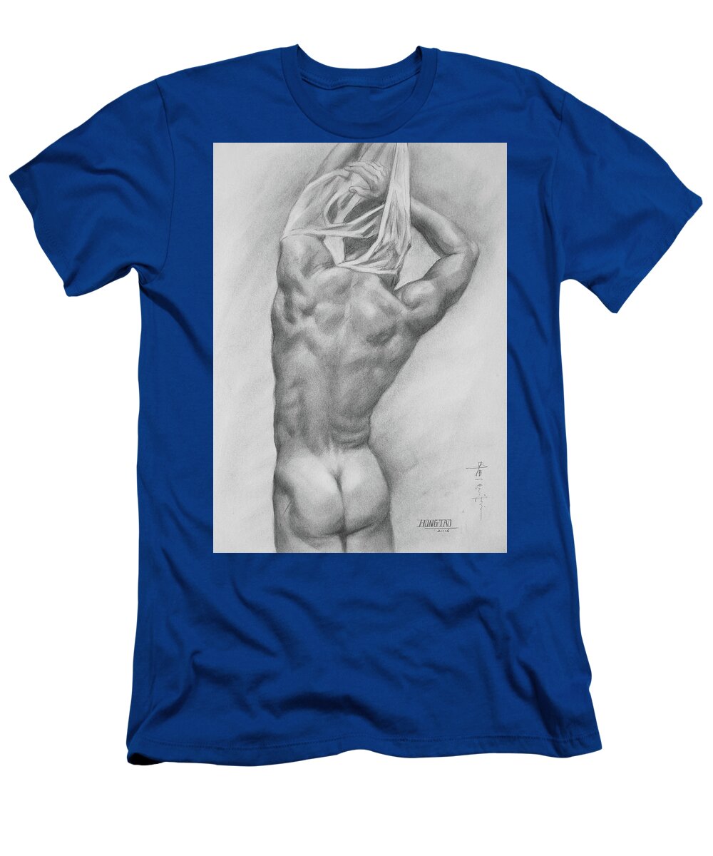 Charcoal T-Shirt featuring the drawing Original Charcoal Drawing Art Male Nude On Paper #16-3-10-13 by Hongtao Huang