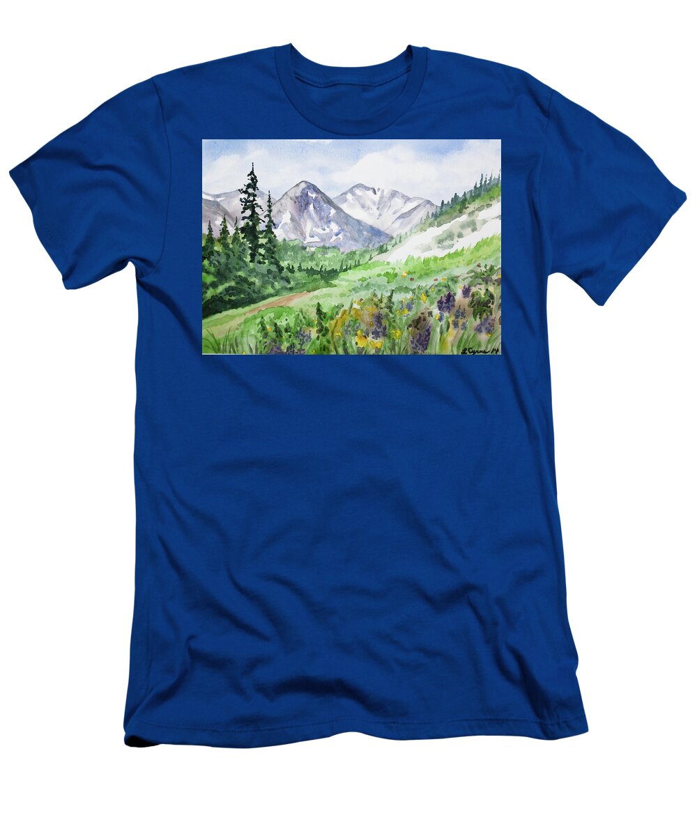 Colorado T-Shirt featuring the painting Original Watercolor - Colorado Mountains and Flowers by Cascade Colors