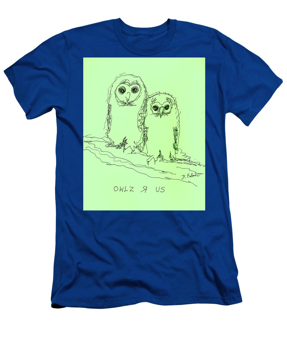 Baby Owls T-Shirt featuring the drawing Owlz R Us by Denise F Fulmer