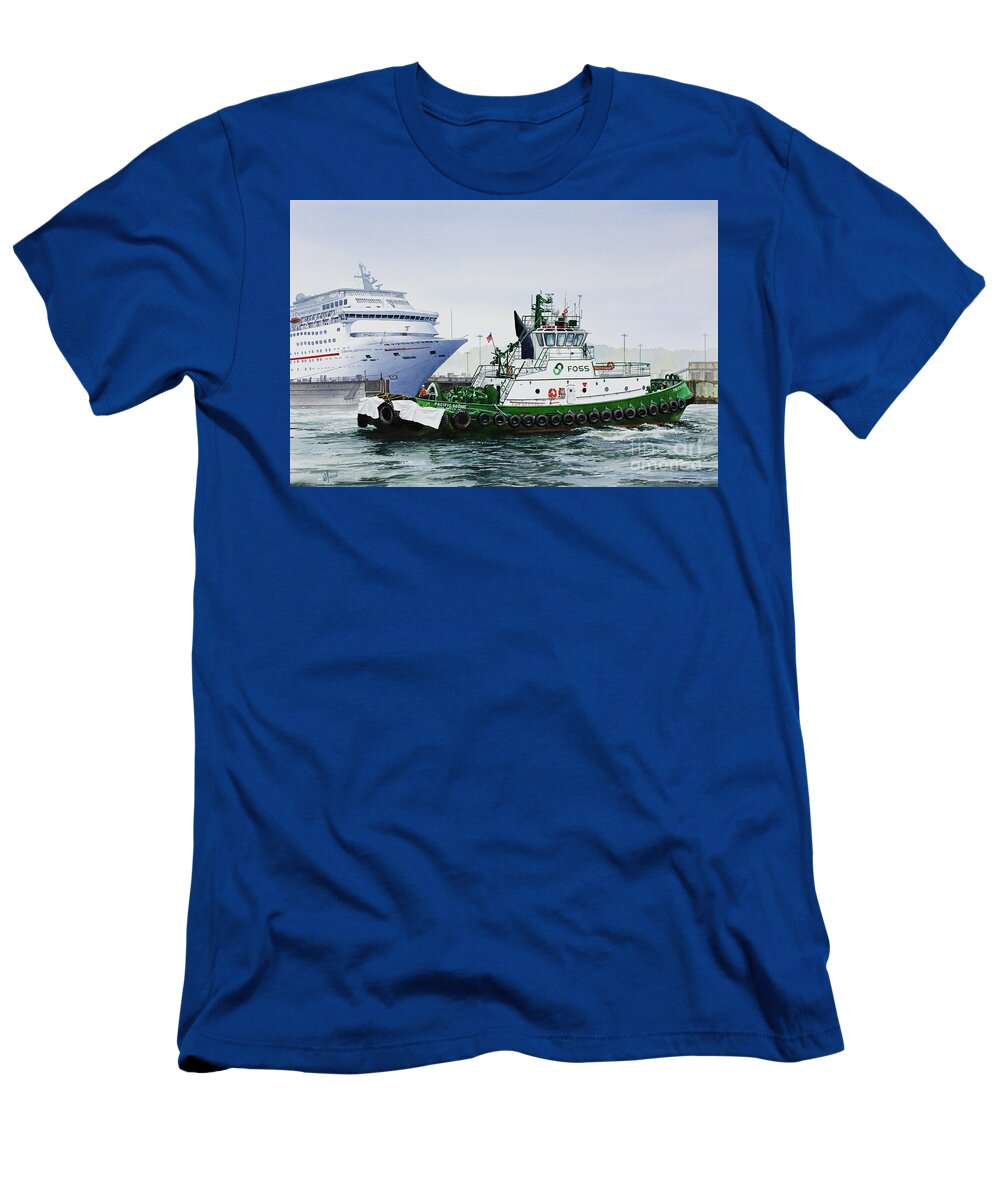 Pacific Escort T-Shirt featuring the painting PACIFIC ESCORT Cruise Ship Assist by James Williamson