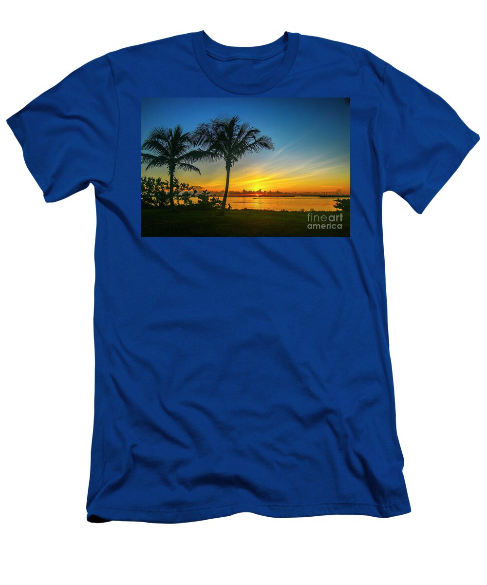 Sun T-Shirt featuring the photograph Palm Tree and Boat Sunrise by Tom Claud