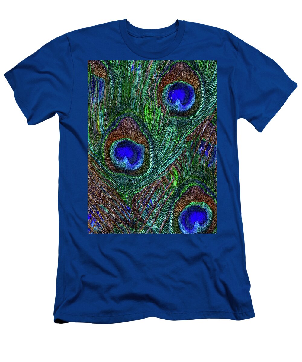 Elegant T-Shirt featuring the digital art Peacock Feathers Exotic Festive Decor of Blues and Greens by Garaga Designs