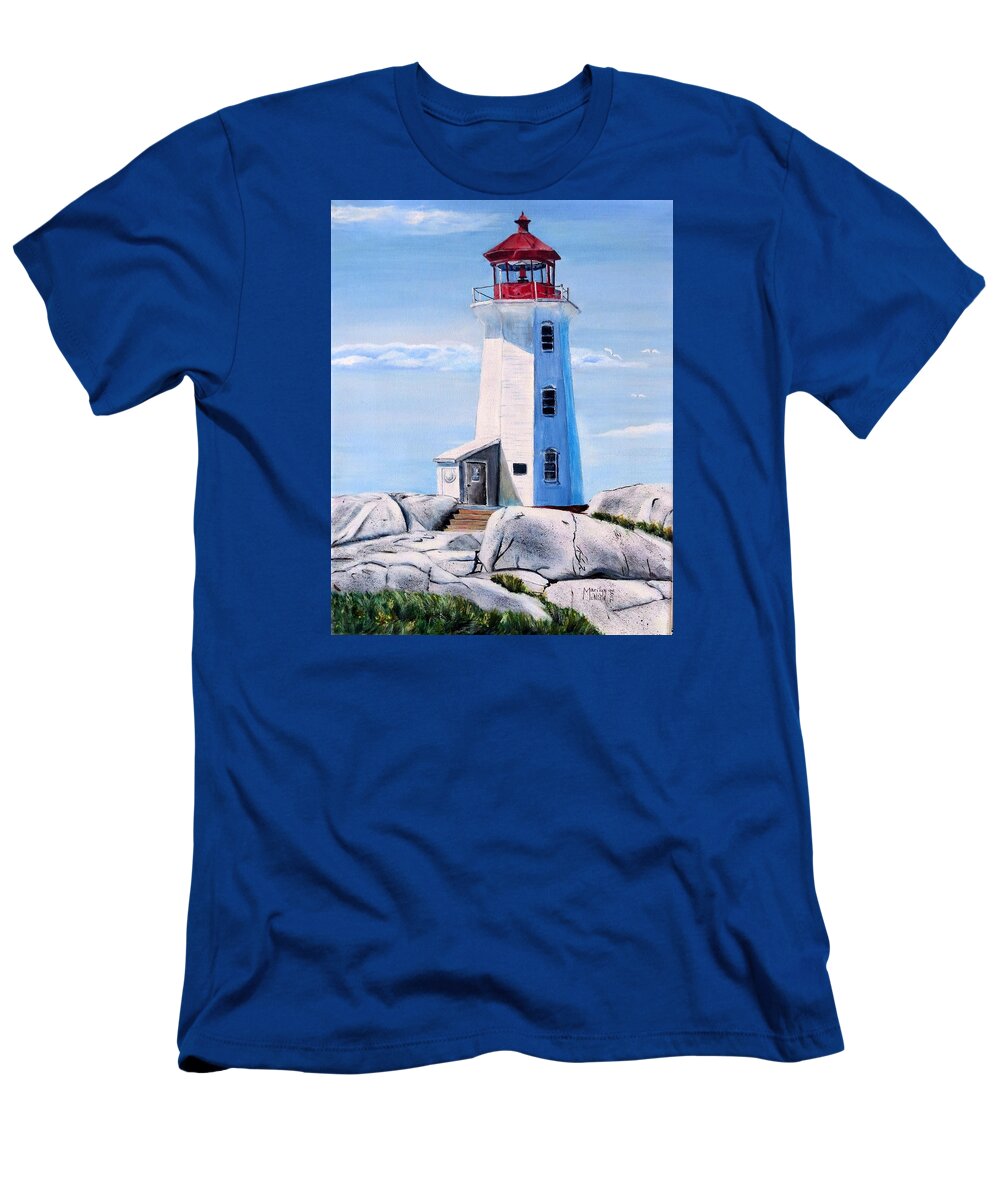Peggy's Cove T-Shirt featuring the painting Peggy's Cove Lighthouse by Marilyn McNish