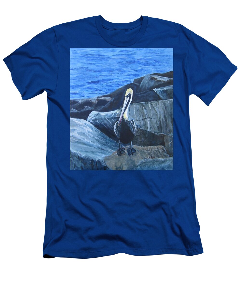 Pelican T-Shirt featuring the painting Pelican On The Rocks by Paula Pagliughi