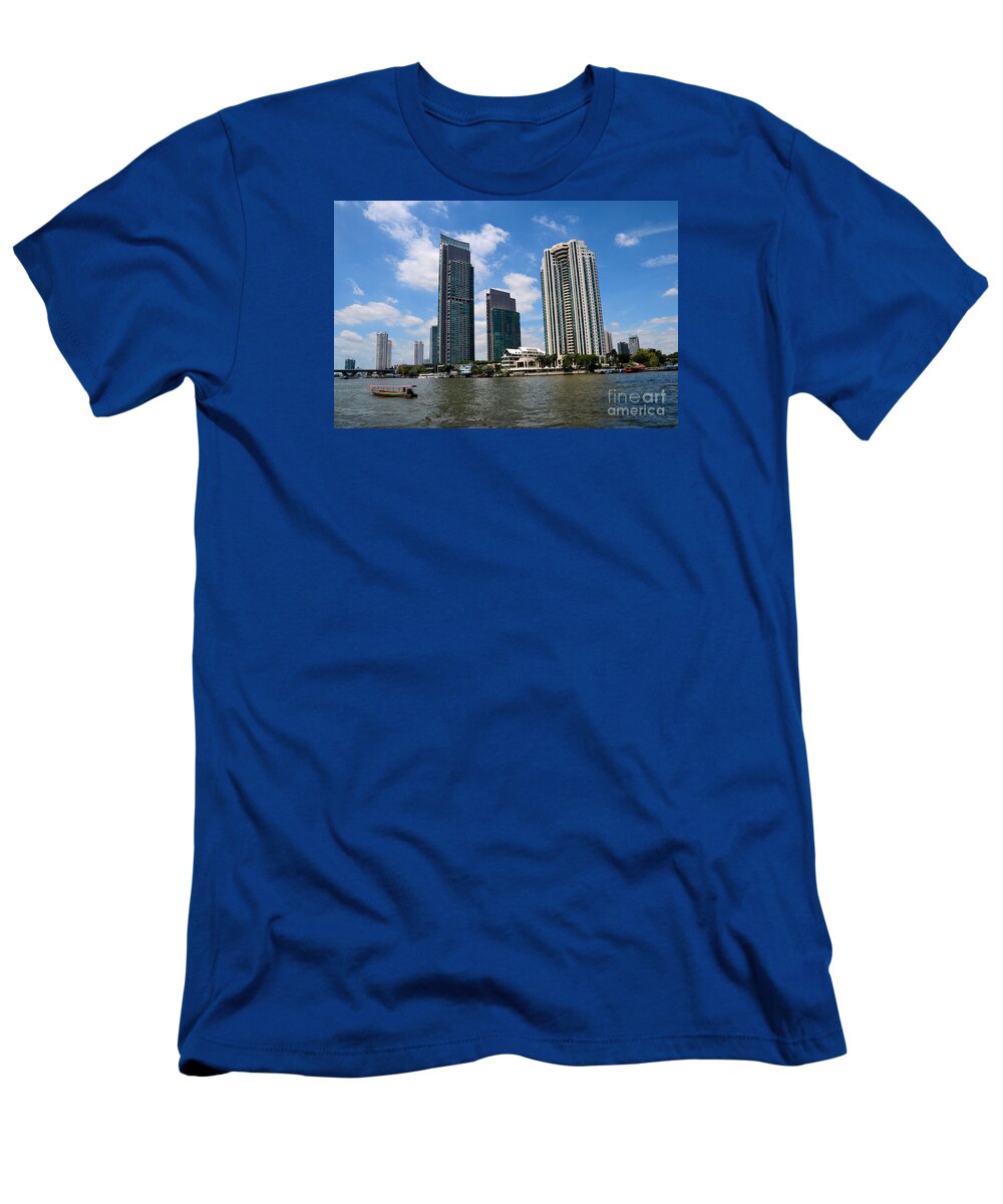 Bangkok T-Shirt featuring the photograph Peninsula Hotel skyscrapers and boat across Chao Phraya River Bangkok Thailand by Imran Ahmed