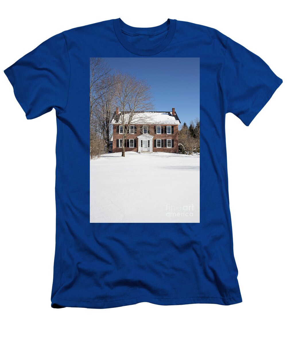 Brick T-Shirt featuring the photograph Period Vintage New England Brick House in winter by Edward Fielding