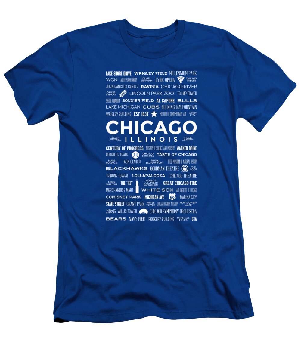 Chicago T-Shirt featuring the digital art Places of Chicago on Blue Chalkboard by Christopher Arndt