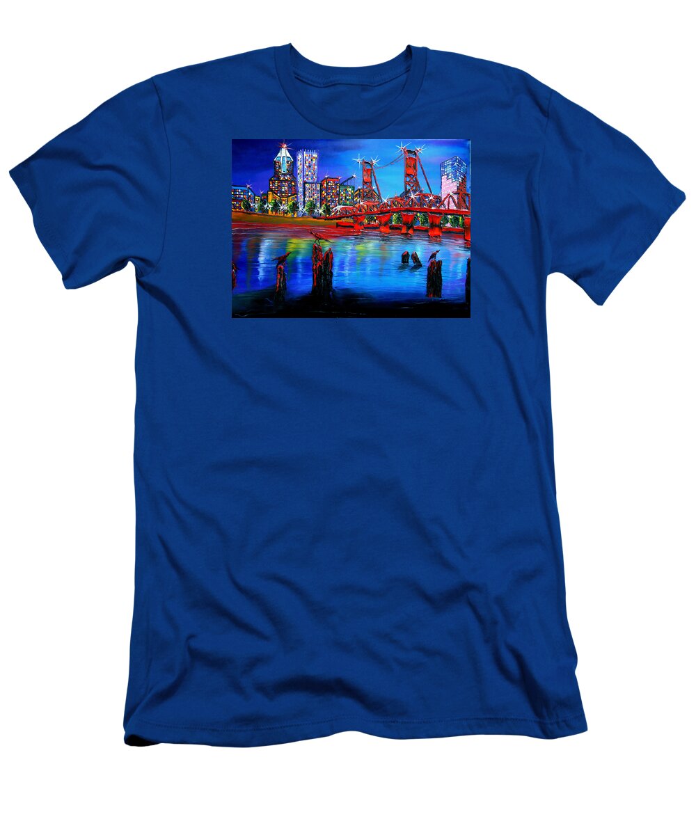  T-Shirt featuring the painting Portland City Lights #66 by James Dunbar