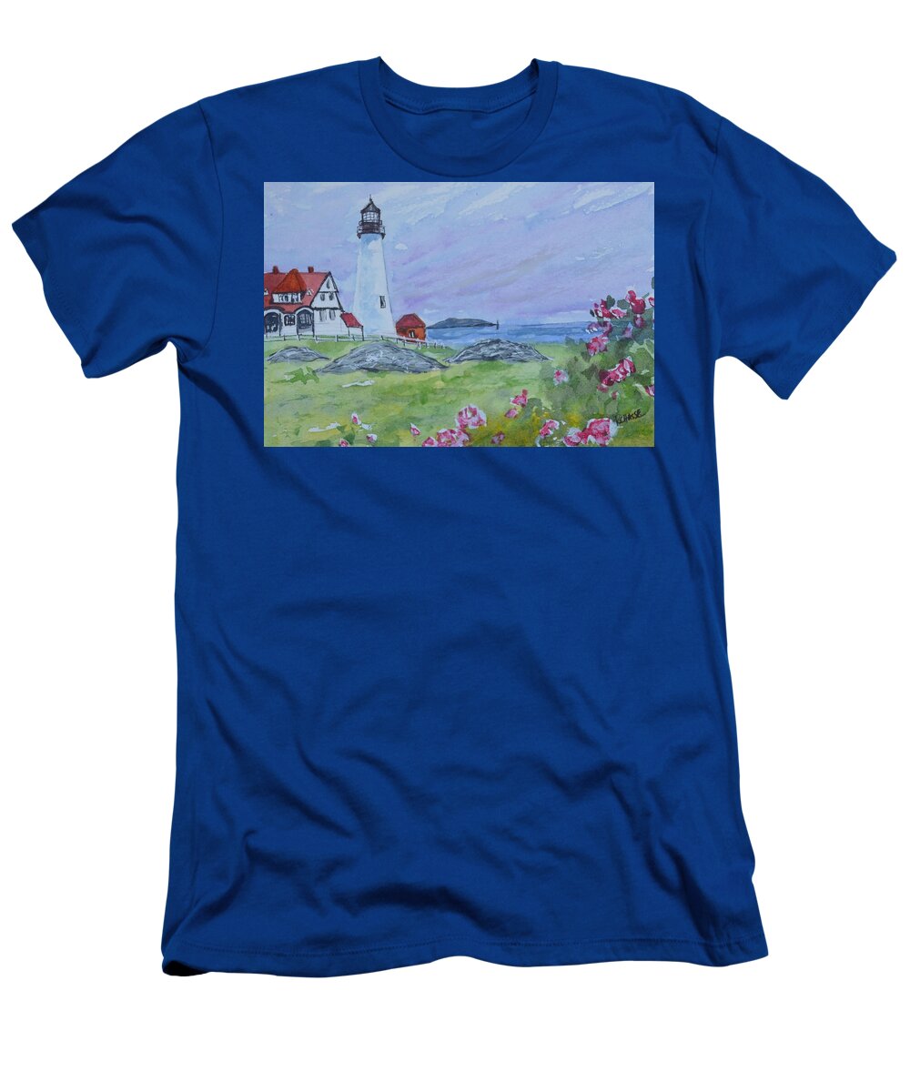 Lighthouse T-Shirt featuring the painting Portland Headlight Roses by Kellie Chasse