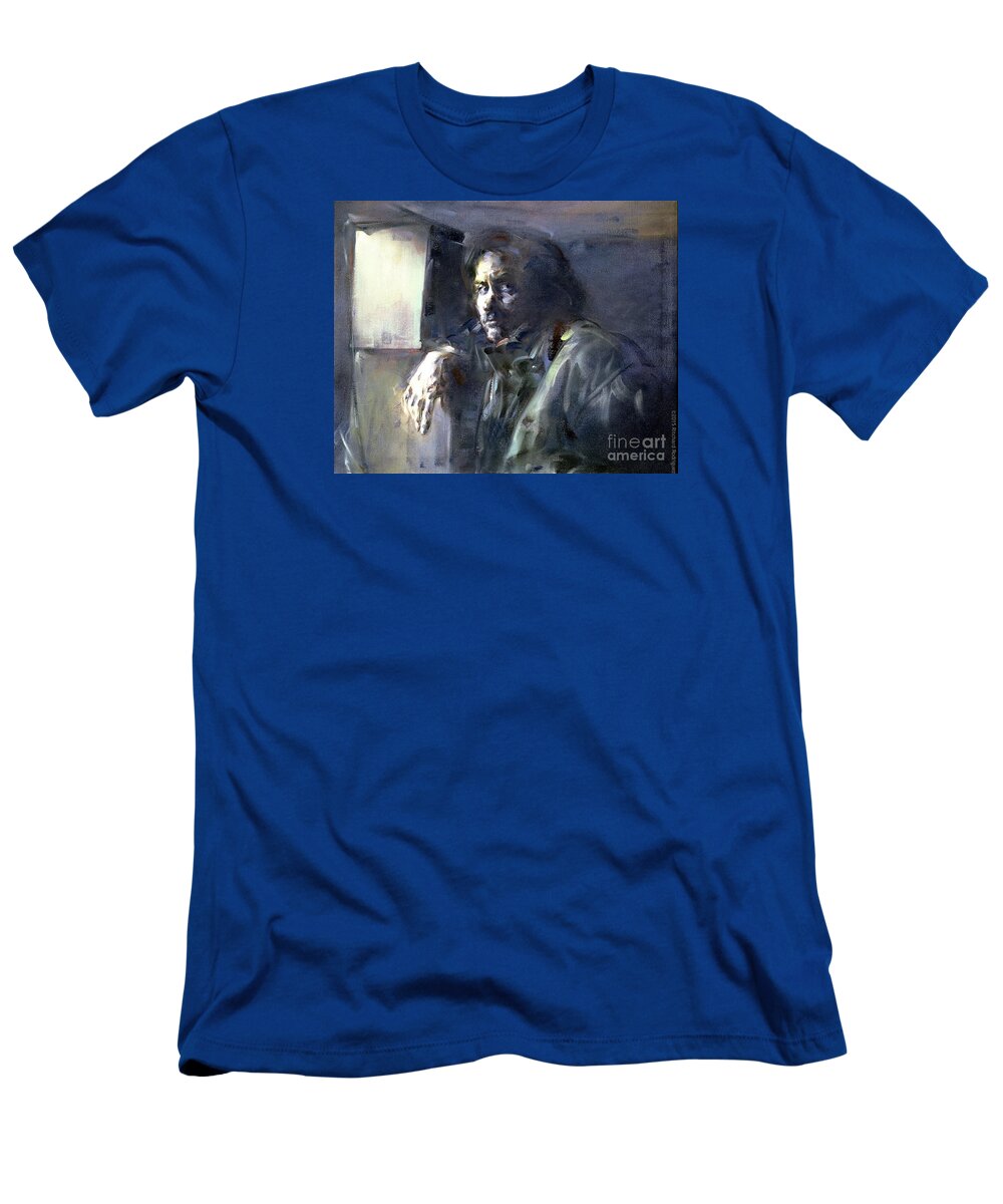 Portrait T-Shirt featuring the painting Portrait of Kip Hanrahan - at the 11th Street Studio, NYC - by Ritchard Rodriguez