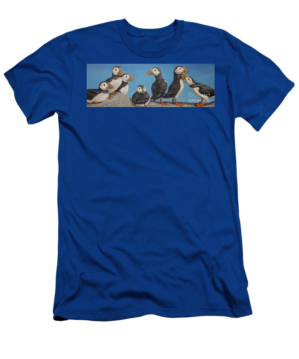 Auks T-Shirt featuring the painting Puffin Palooza 1 by Joe Rizzo