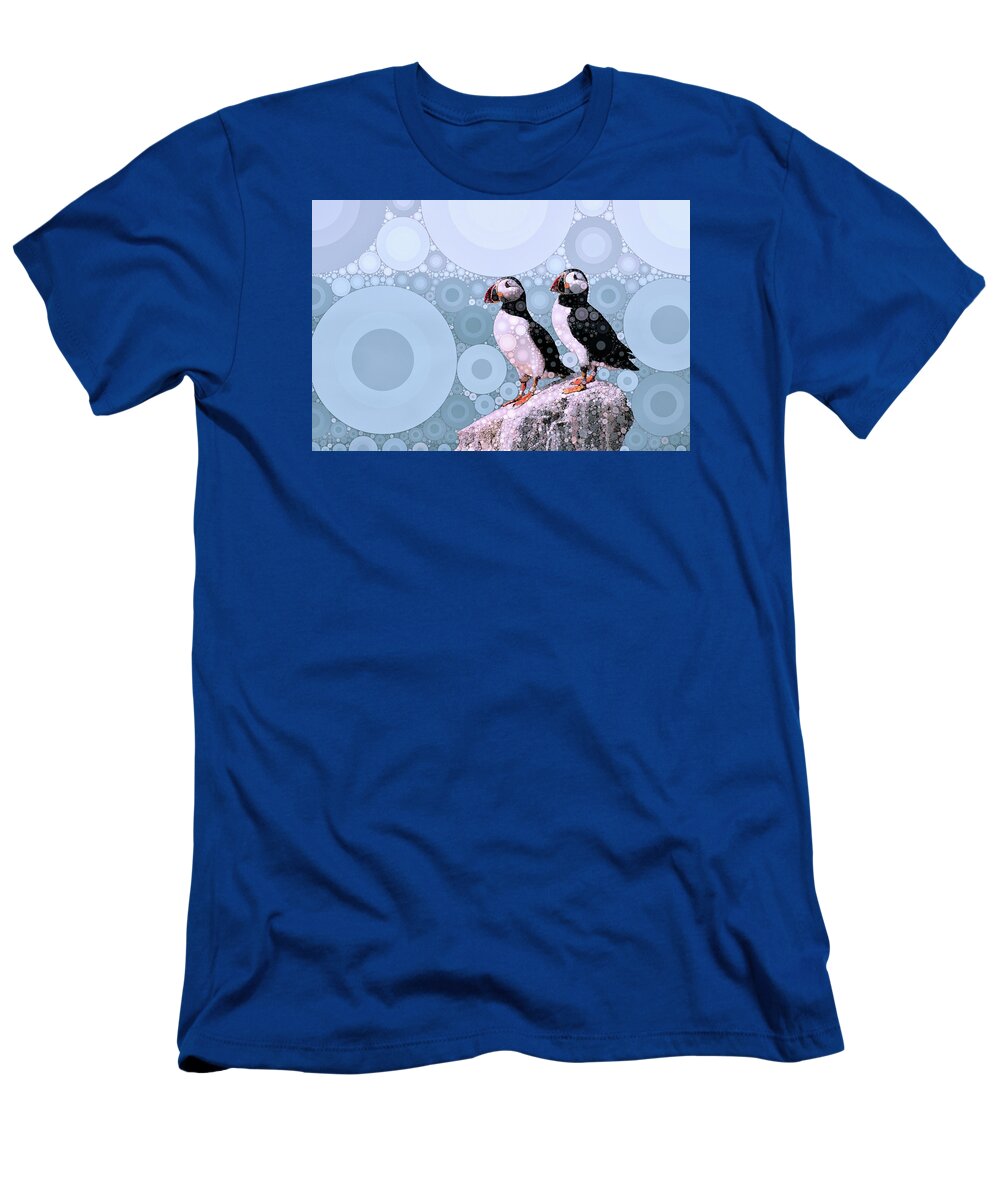 Puffins By The Sea T-Shirt featuring the mixed media Puffins by the Sea by Susan Maxwell Schmidt