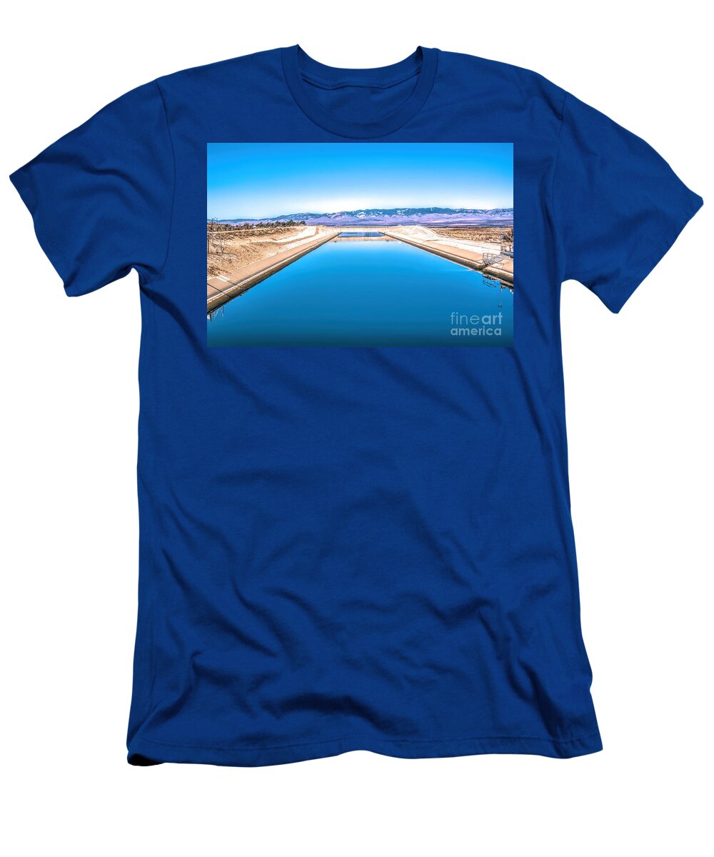 Purple Mountains Majesty; Snowcapped Mountains; California Aqueduct; River; Stream; Creek; Flowing Water; Running Water; Mojave Desert; Mohave Desert; Antelope Valley; Fairmont; Joe Lach; Reflection T-Shirt featuring the photograph Purple Mountains Majesty by Joe Lach