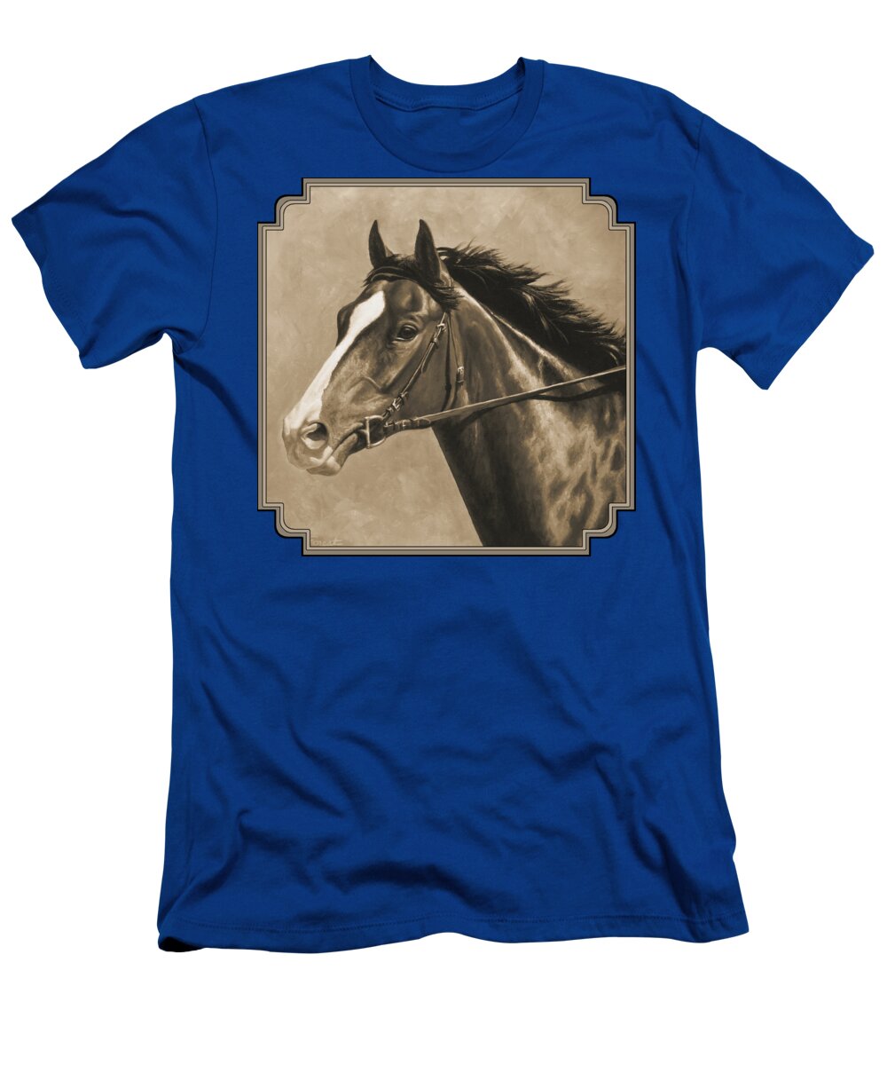 Horse T-Shirt featuring the painting Racehorse Painting In Sepia by Crista Forest
