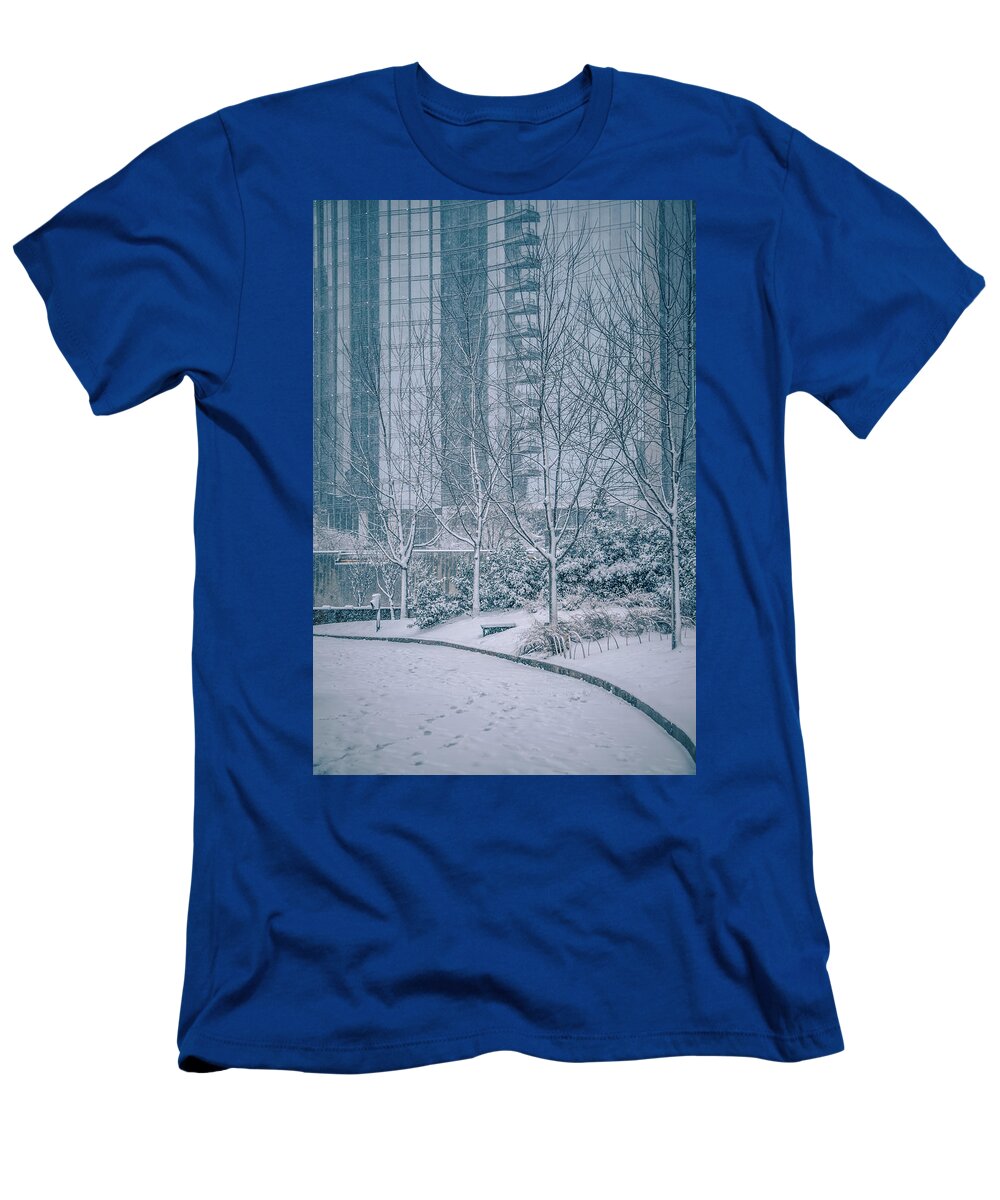 Rare T-Shirt featuring the photograph Rare Wintry Mix Around Charlotte City Streets In North Carolina by Alex Grichenko