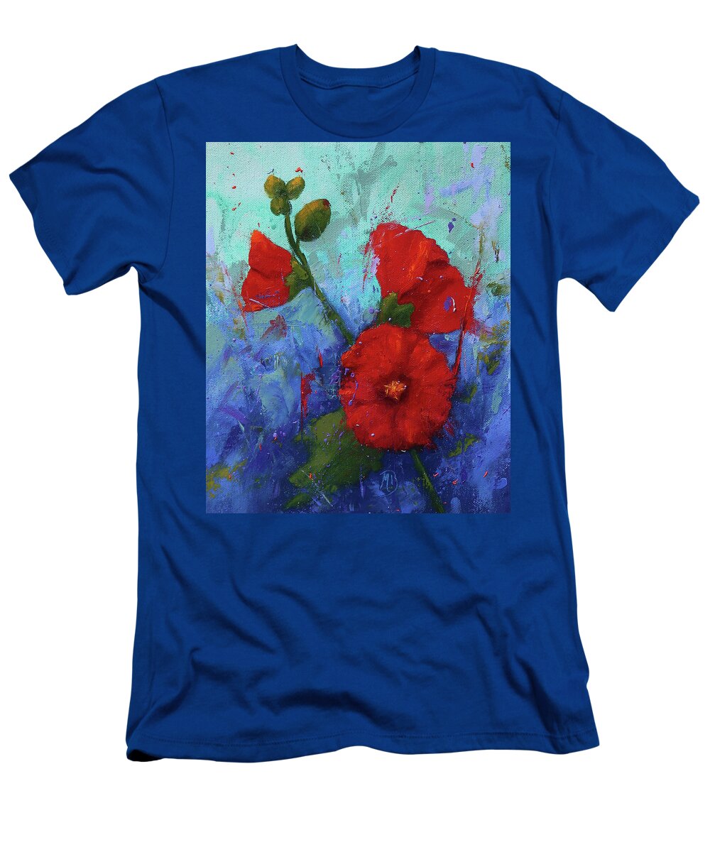 Floral Art T-Shirt featuring the painting Red Hollyhocks by Monica Burnette