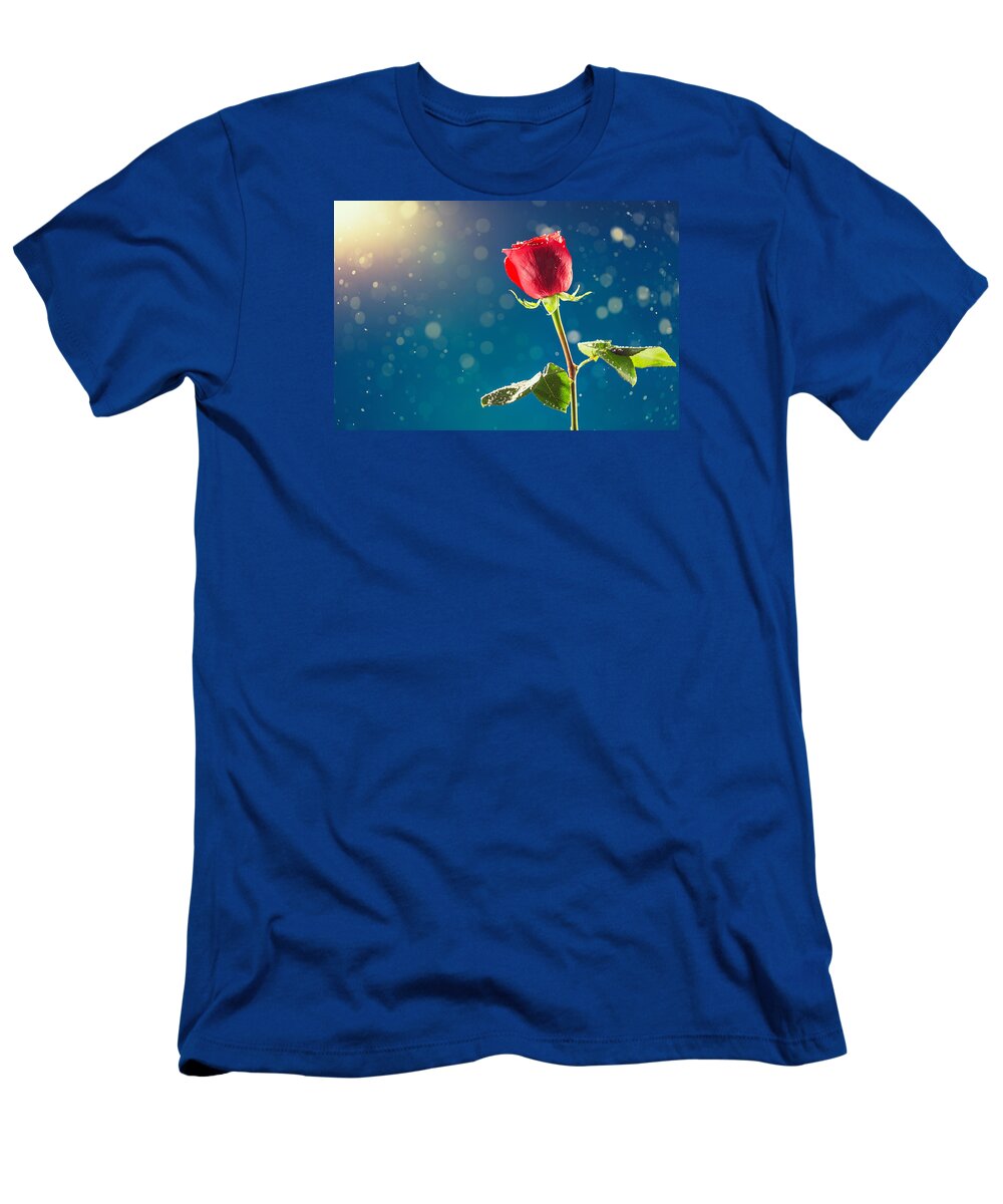 Flower T-Shirt featuring the photograph Red rose on snow background by Valentin Valkov