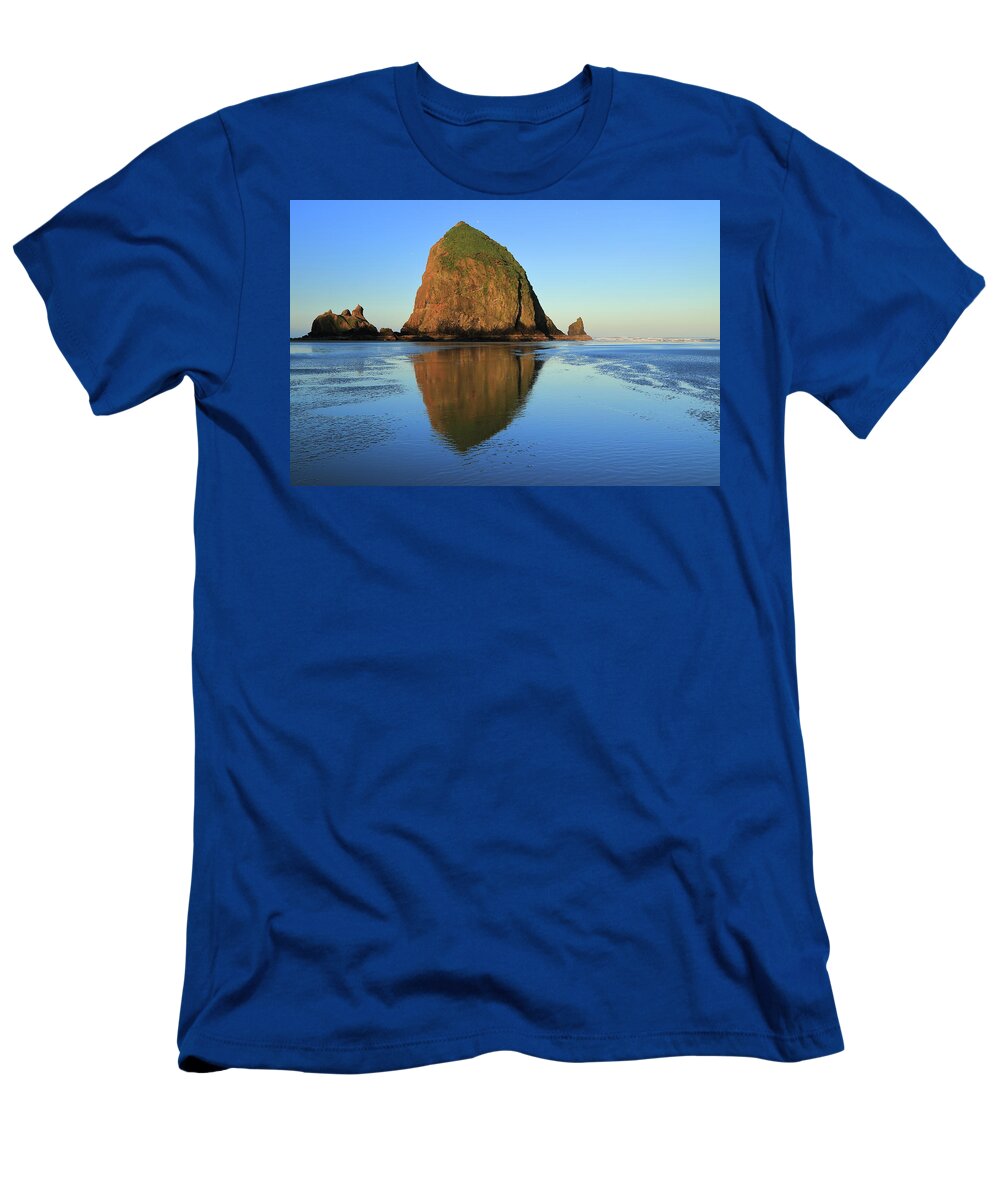 Haystack Rock T-Shirt featuring the photograph Reflections of Haystack Rock by Coby Cooper