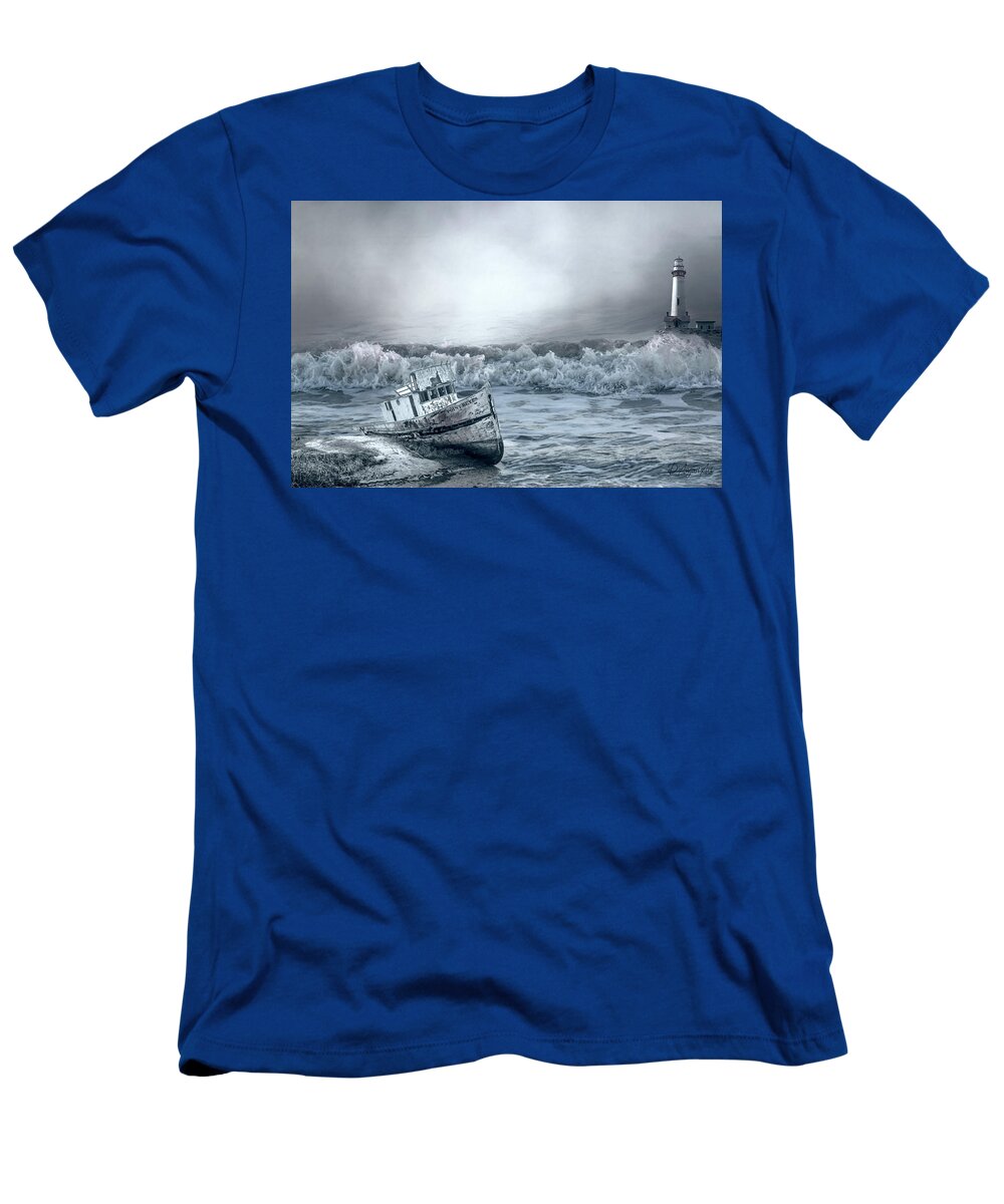 Lighthouse T-Shirt featuring the mixed media Riders On A Storm by Theresa Campbell
