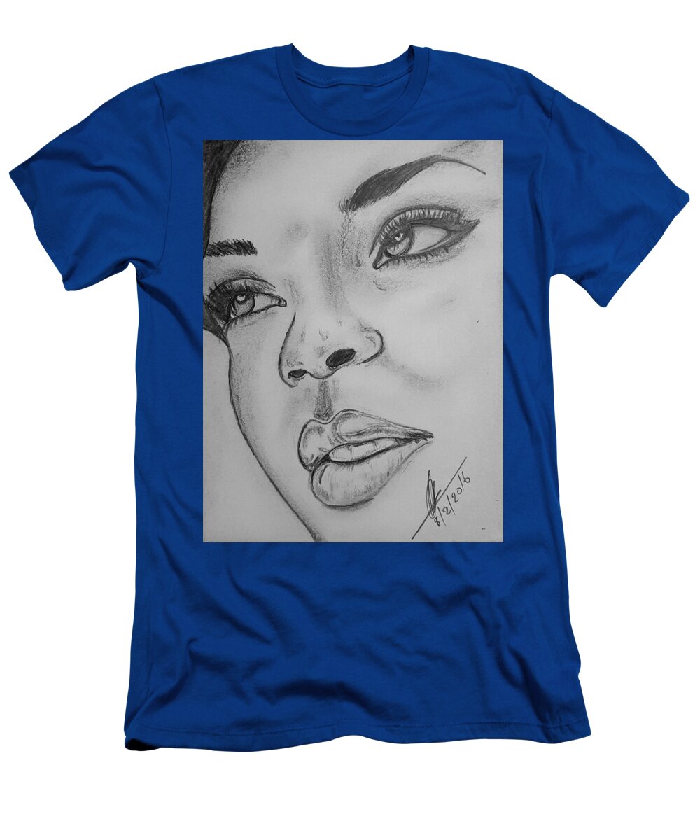 Rihanna Art T-Shirt featuring the drawing Rihanna by Collin A Clarke