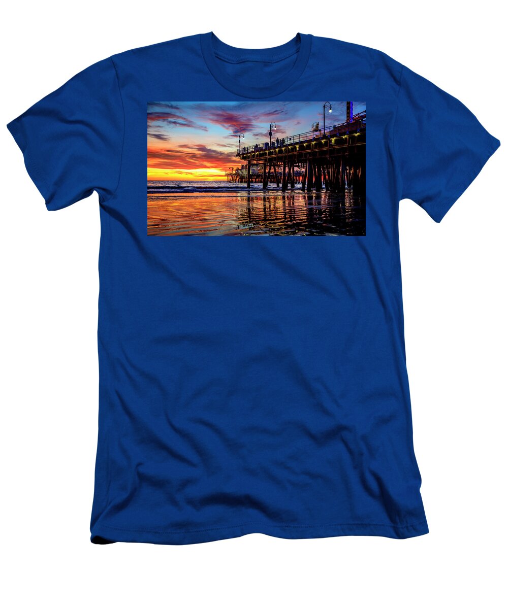 Santa Monica Pier Sunset T-Shirt featuring the photograph Ripples And Reflections by Gene Parks
