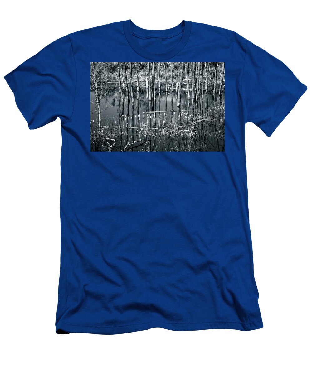 Vernon T-Shirt featuring the photograph Roadside Reflections Black and White by Allan Van Gasbeck
