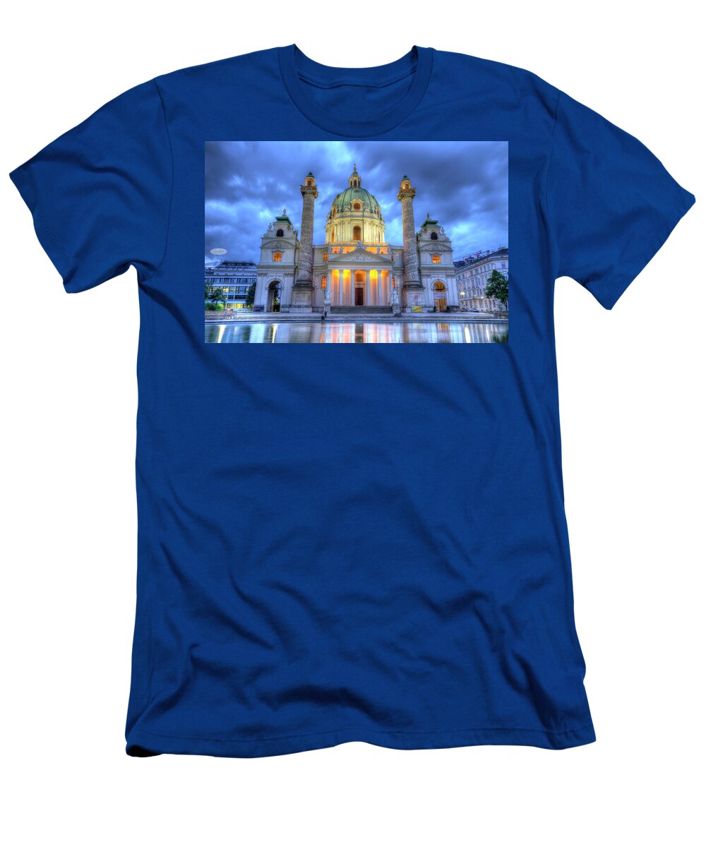 Church T-Shirt featuring the photograph Saint Charles's Church at Karlsplatz in Vienna, Austria, HDR by Elenarts - Elena Duvernay photo