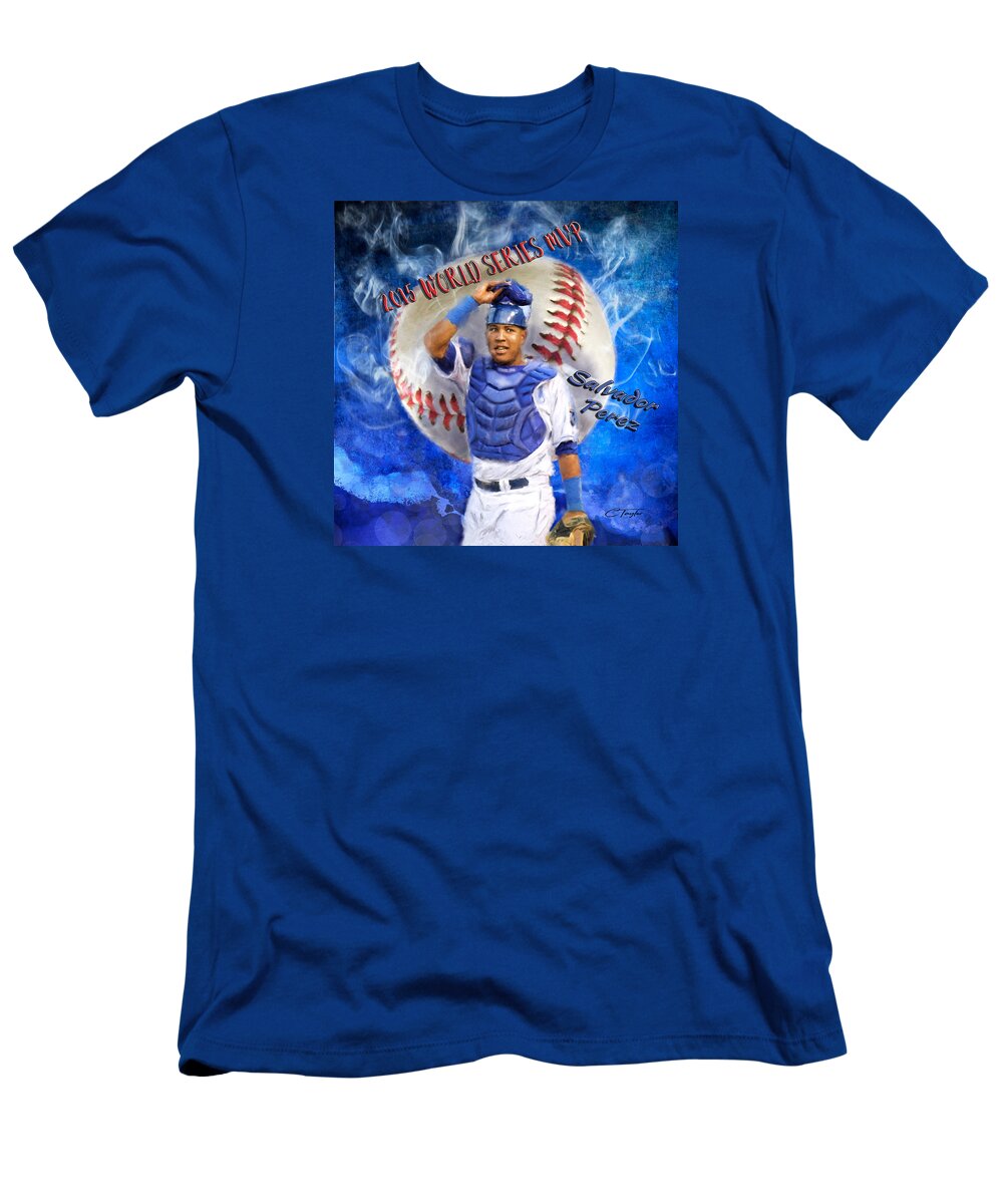 Salvie T-Shirt featuring the painting Salvador Perez 2015 World Series MVP by Colleen Taylor