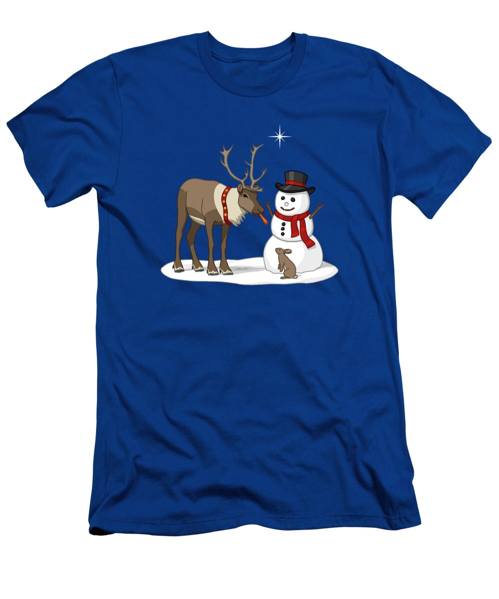 Happy Snowman T-Shirt featuring the painting Santa Reindeer and Snowman by Crista Forest