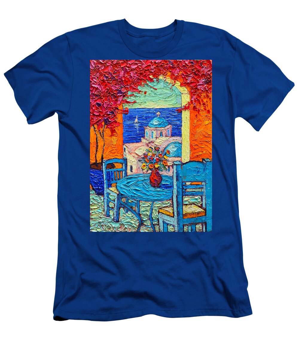 Greece T-Shirt featuring the painting Santorini Dream Greece Contemporary Impressionist Palette Knife Oil Painting By Ana Maria Edulescu by Ana Maria Edulescu