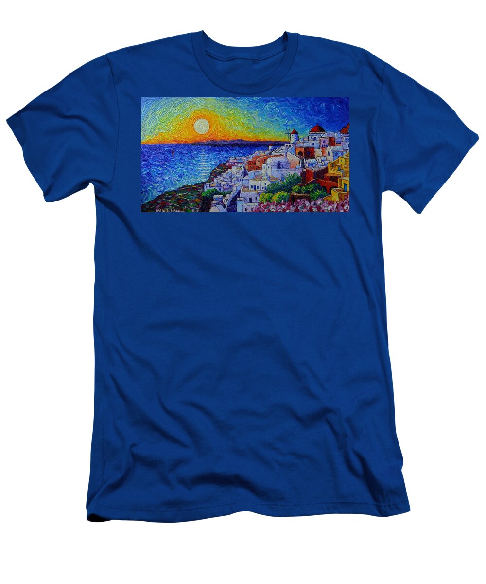 Santorini T-Shirt featuring the painting SANTORINI OIA SUNSET modern impressionist impasto palette knife oil painting by Ana Maria Edulescu by Ana Maria Edulescu
