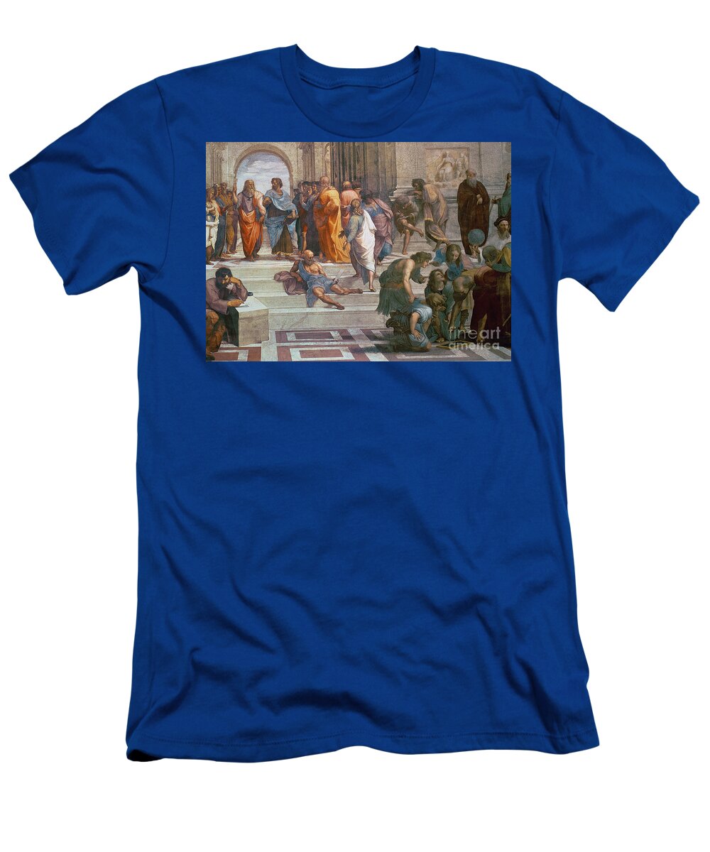 The School Of Athens T-Shirt featuring the painting School of Athens, detail from right hand side showing Diogenes on the steps and Euclid by Raphael