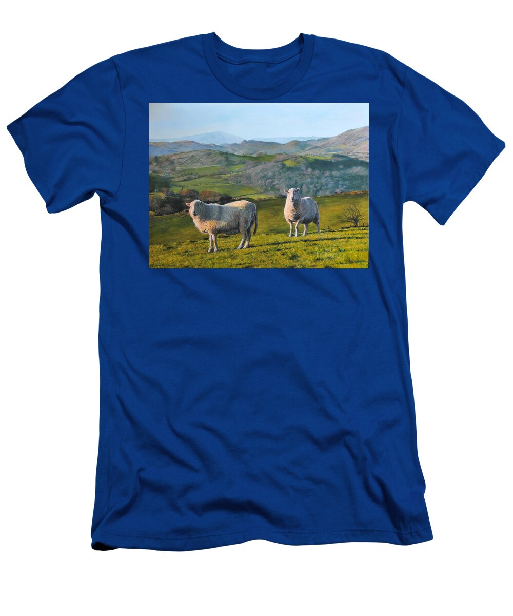 Landscape T-Shirt featuring the painting Sheep at Rhug by Harry Robertson