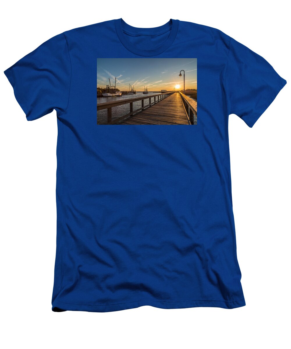 Mt. Pleasant T-Shirt featuring the photograph Shem Creek Pier Sunset - Mt. Pleasant SC by Donnie Whitaker