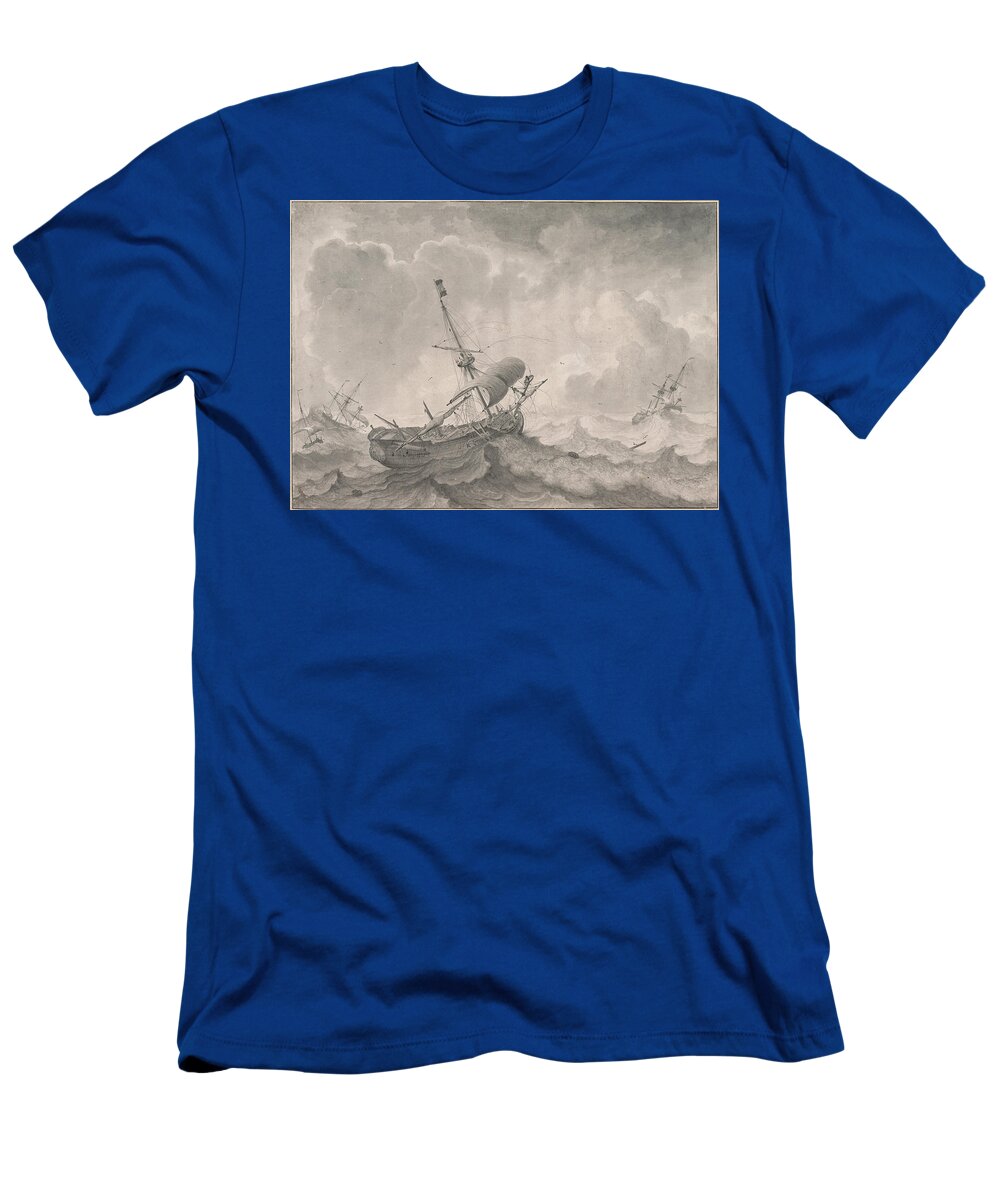 Ludolf Bakhuizen T-Shirt featuring the drawing Ships on a Stormy Sea by Ludolf Bakhuizen
