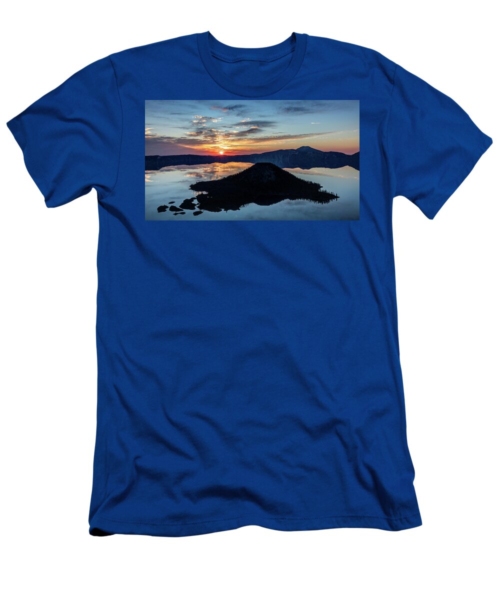 Crater Lake T-Shirt featuring the photograph Silhouette of Wizard island at Sunrise by Pierre Leclerc Photography