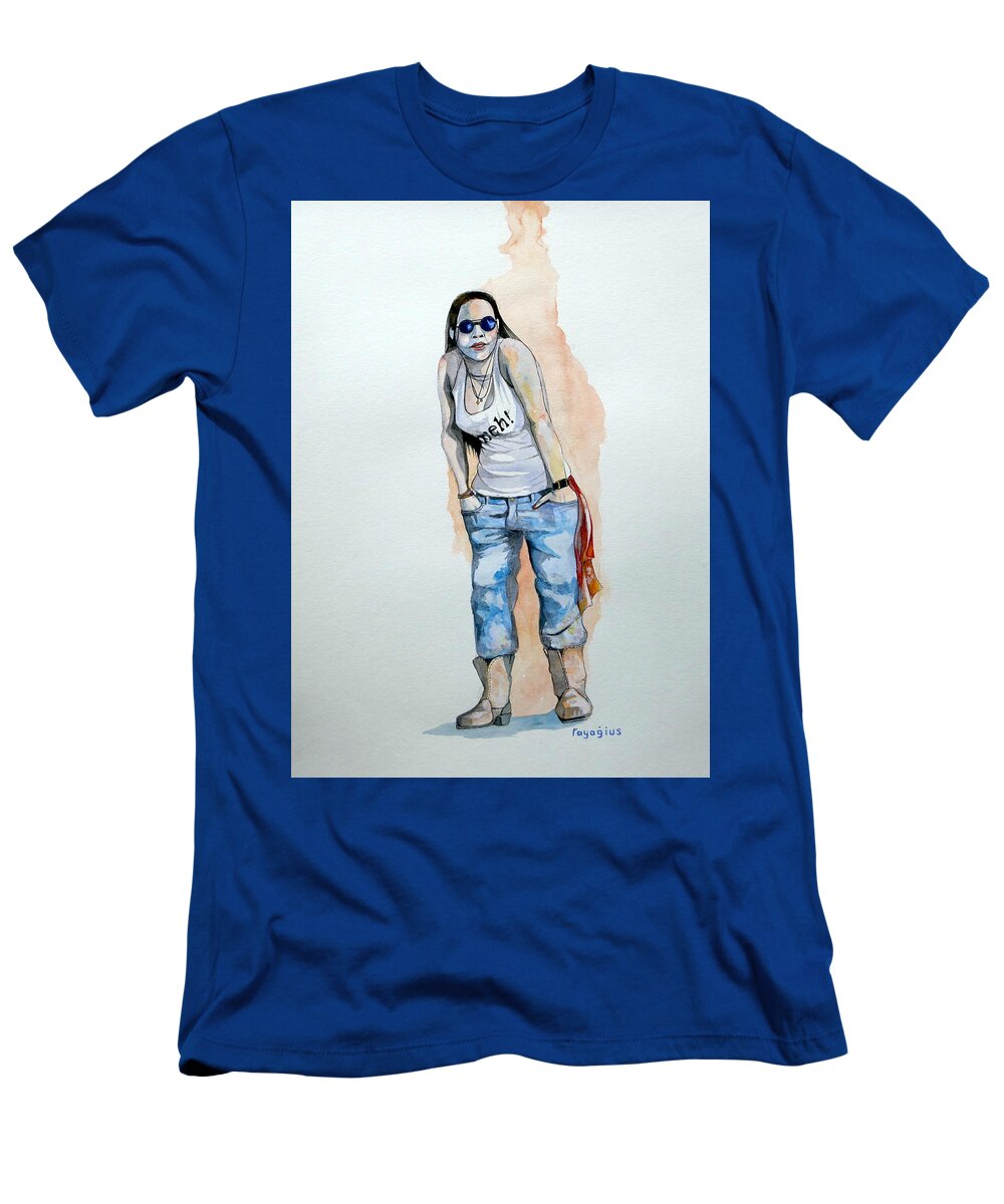 Female T-Shirt featuring the painting Sketch for Meh by Ray Agius