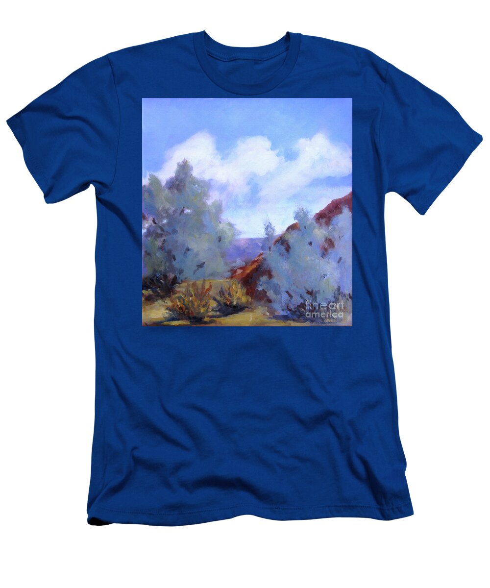 Landscape T-Shirt featuring the painting Smoke Trees in Bloom in Palm Desert by Maria Hunt