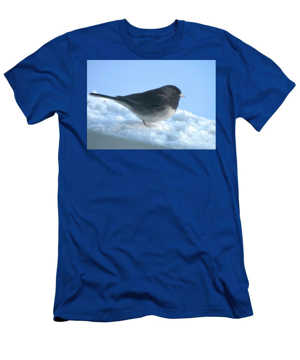 Bird Hopping In Snow T-Shirt featuring the photograph Snow Hopping #1 by Cindy Schneider