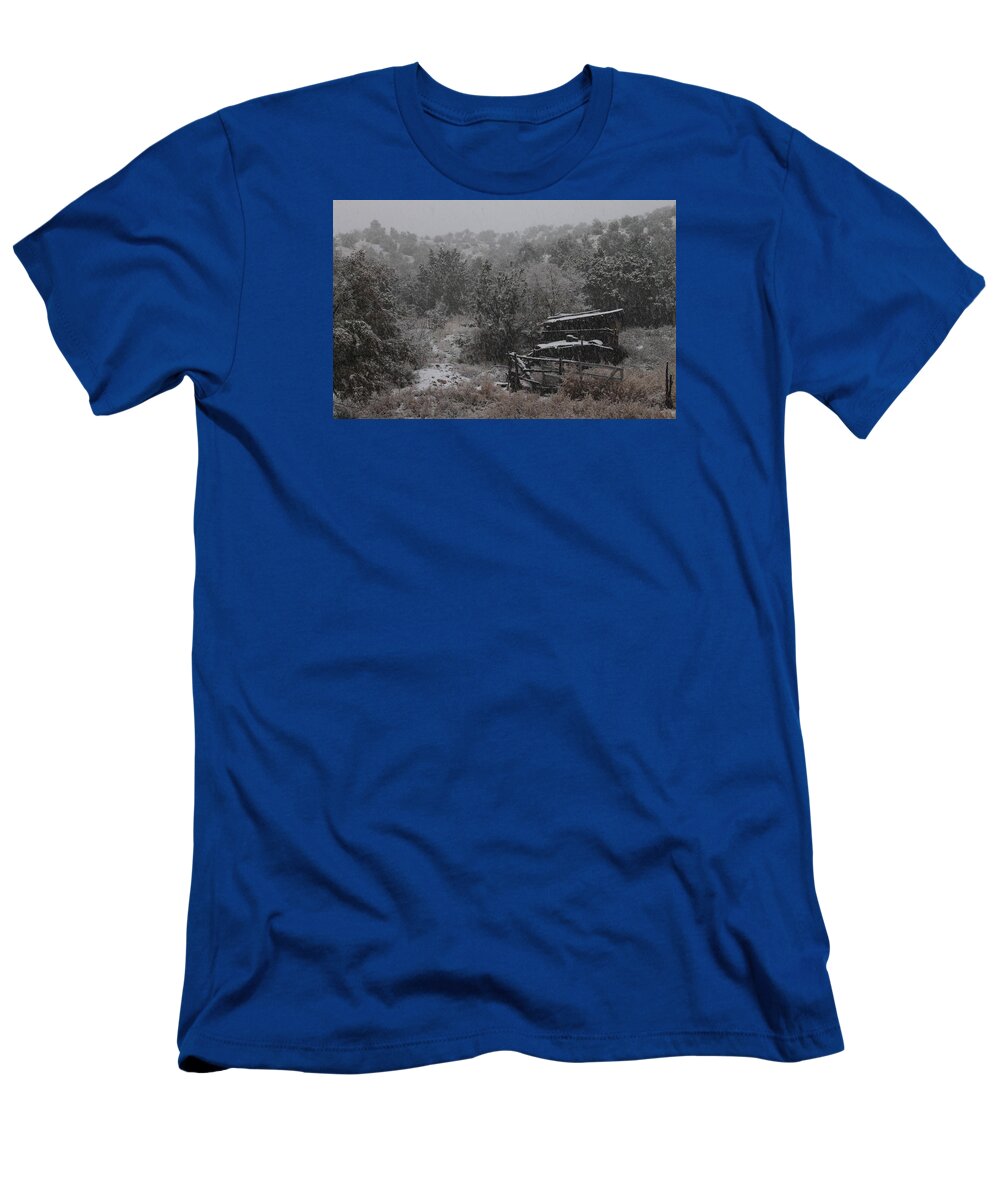 Snow T-Shirt featuring the photograph Snow in the Old Santa Fe Corral by Christopher J Kirby