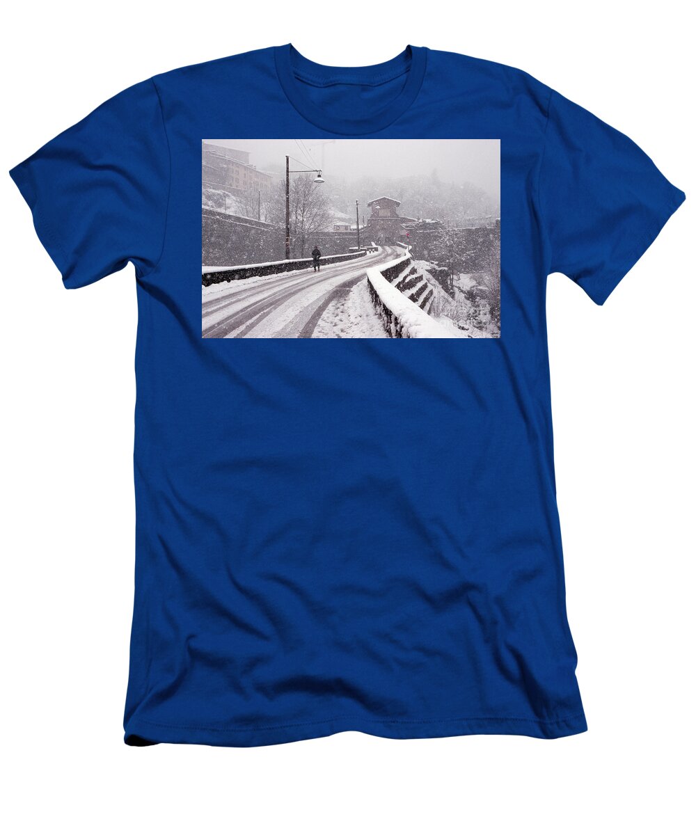 Snow T-Shirt featuring the photograph Snow on the road to Bergamo by Riccardo Mottola