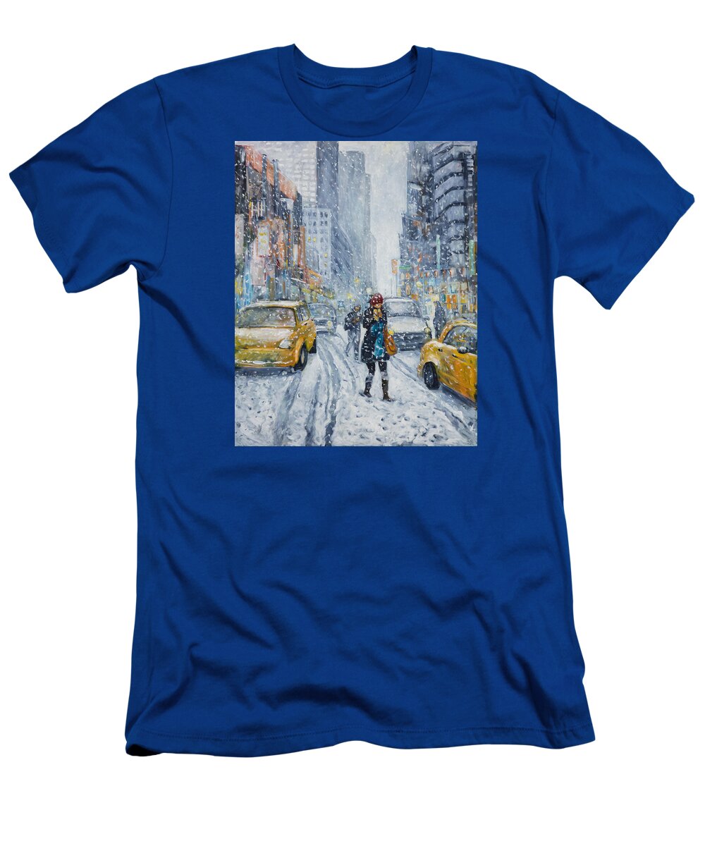 Snowstorm T-Shirt featuring the painting Urban Snowstorm by Ingrid Dohm