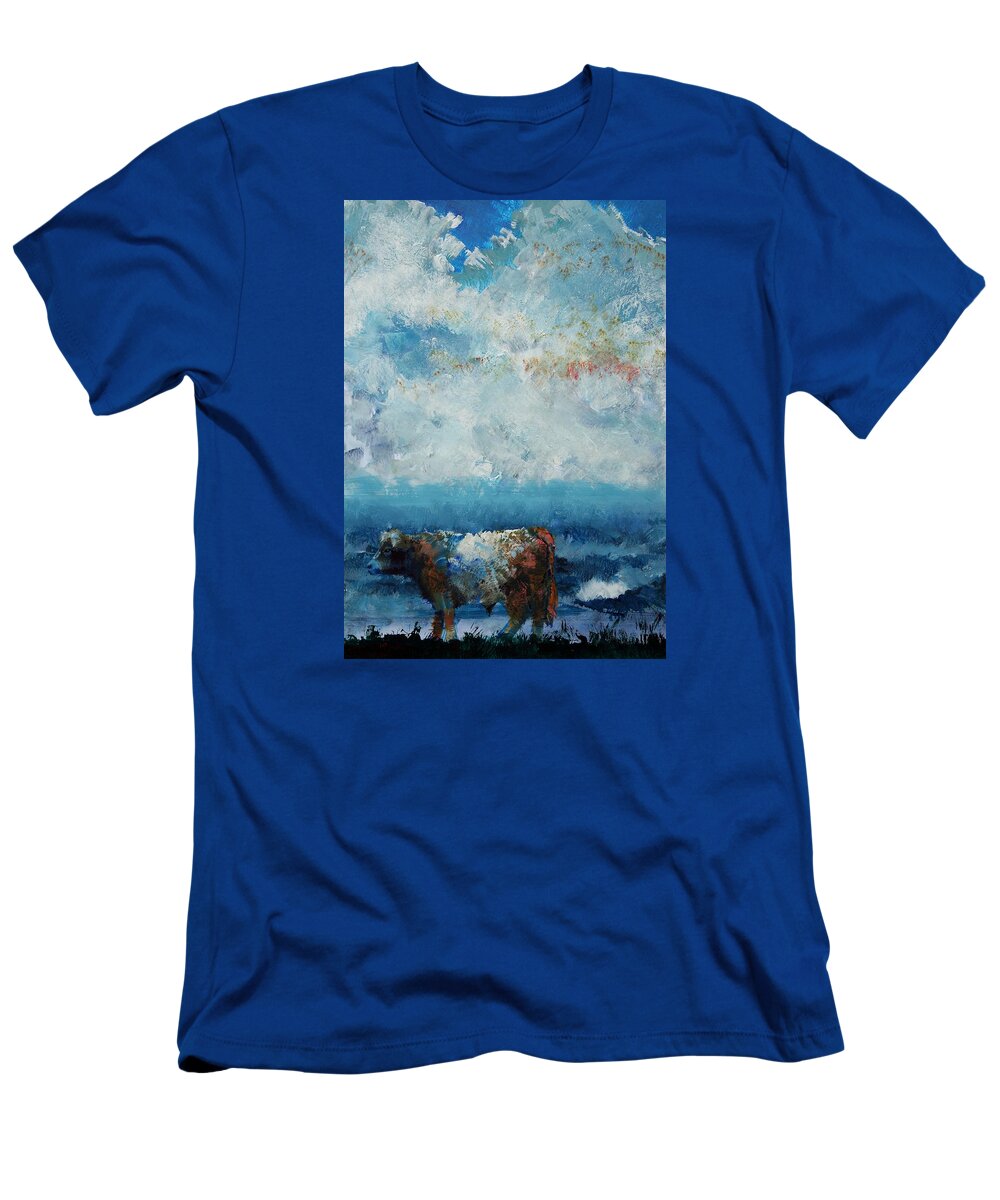 Belted Galloway Cows T-Shirt featuring the painting Storms Coming - Belted Galloway Cow Under a Colorful Cloudy Sky by Mike Jory