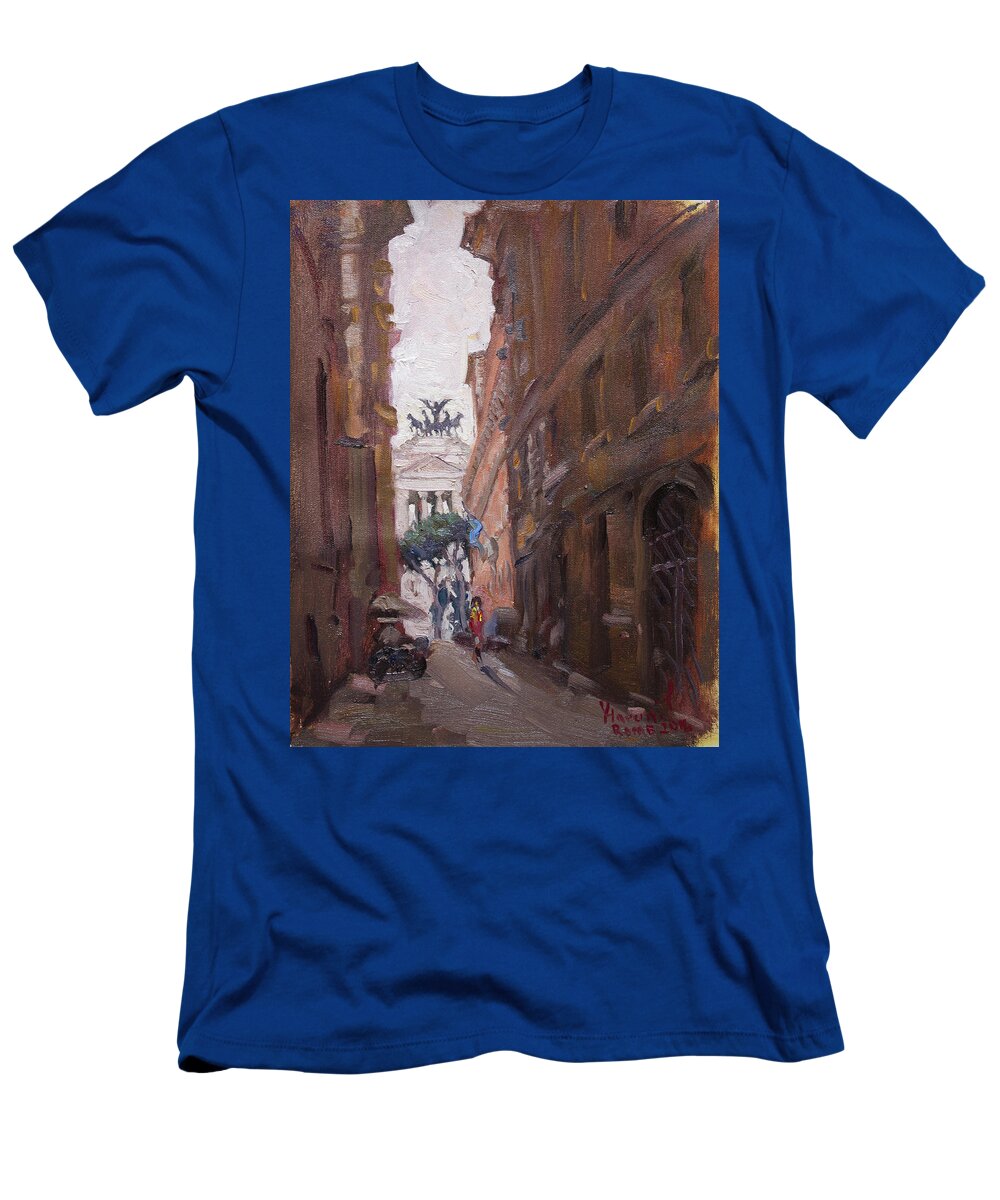 Rome T-Shirt featuring the painting Street at Piazza Venezia Rome by Ylli Haruni