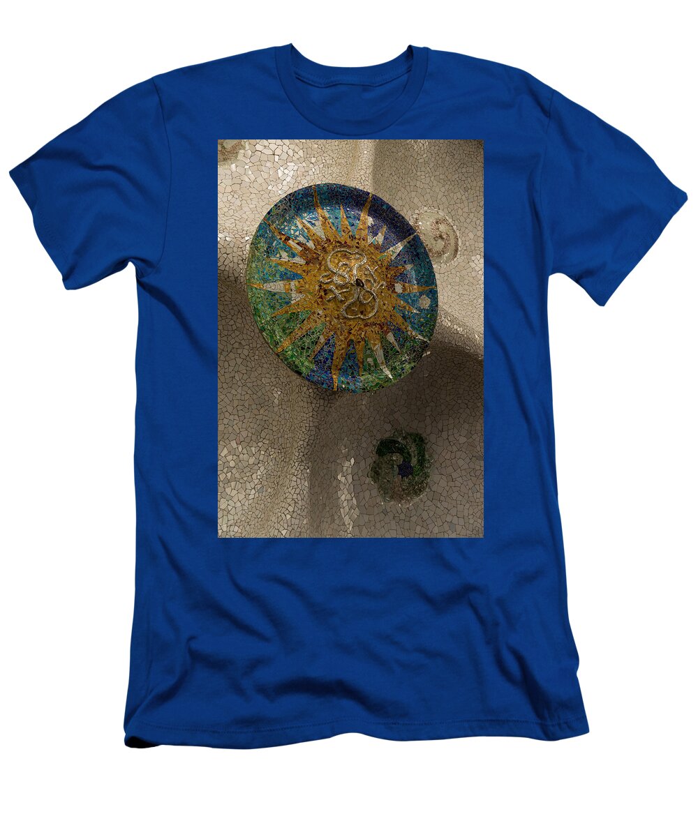 Antonio Gaudis T-Shirt featuring the photograph Stylized Sun - Antoni Gaudi Ceiling Medallion at Hypostyle Room in Park Guell - Left Vertical by Georgia Mizuleva