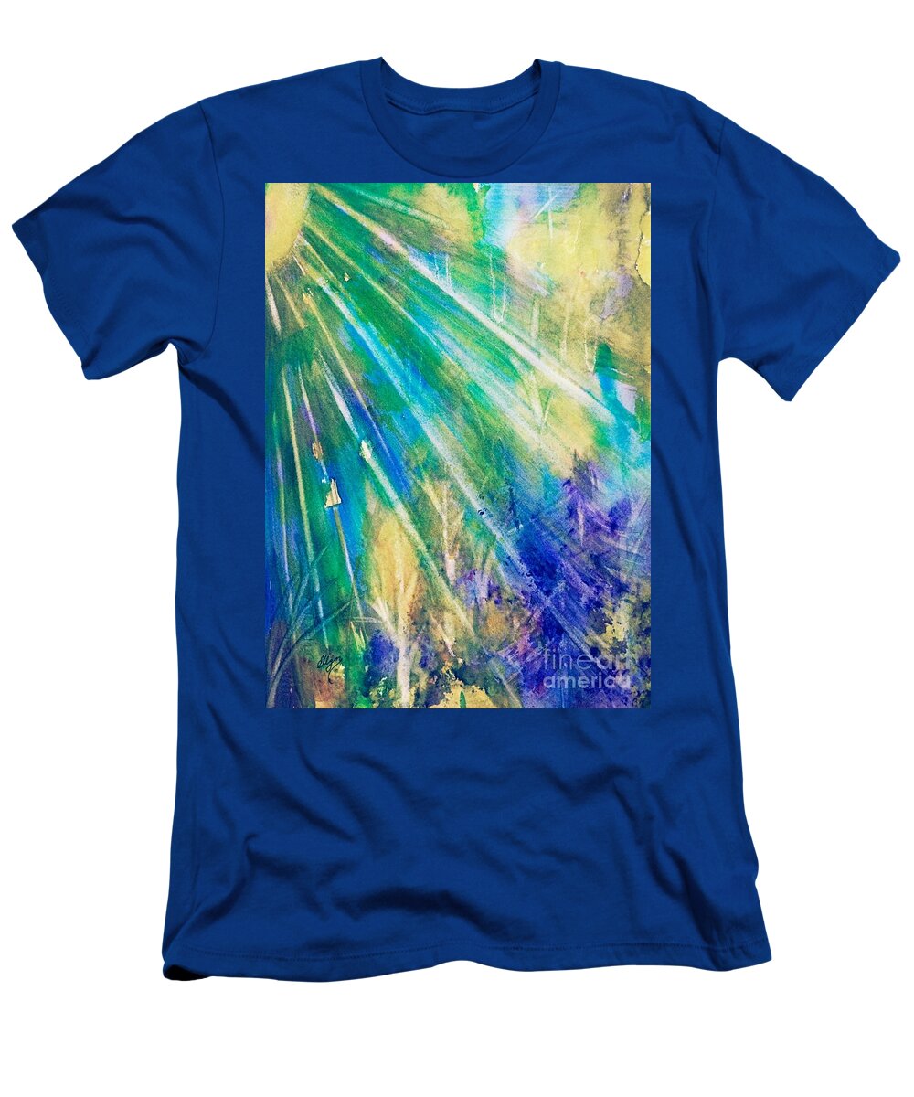 Forest T-Shirt featuring the painting Sunburst Blue Forest Abstract by Ellen Levinson