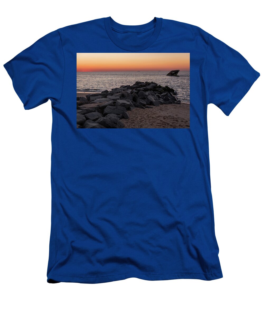 Sunset Beach Ship Cape May Point Nj T-Shirt featuring the photograph Sunset Beach Ship Cape May Point NJ by Terry DeLuco