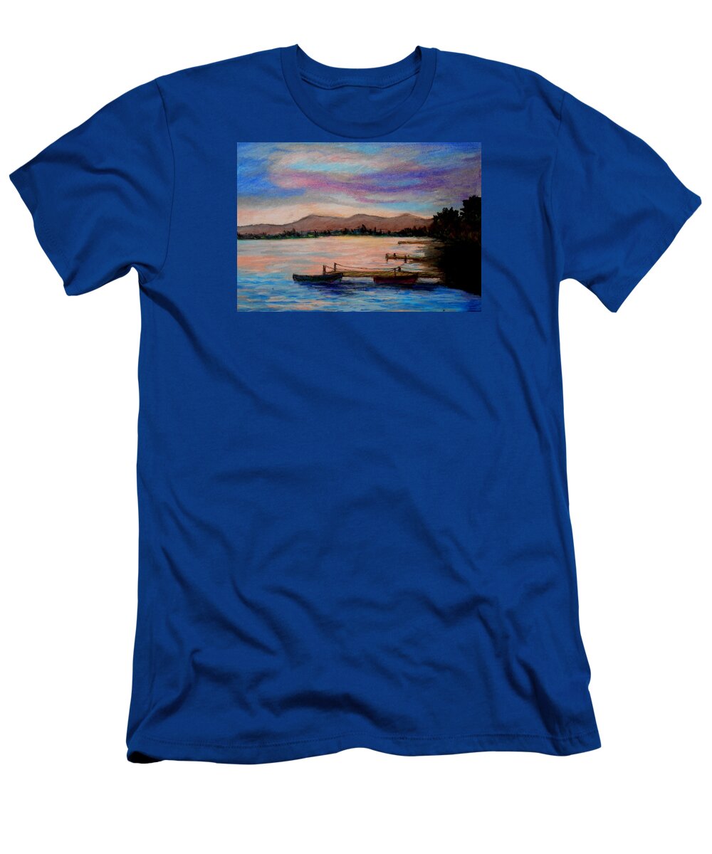 Landscape Seascape Oil Pastel Original Canvas Prints Greeting Cards Framed Prints Art Prints Sunset T-Shirt featuring the painting Sunset in Evia by Konstantinos Charalampopoulos
