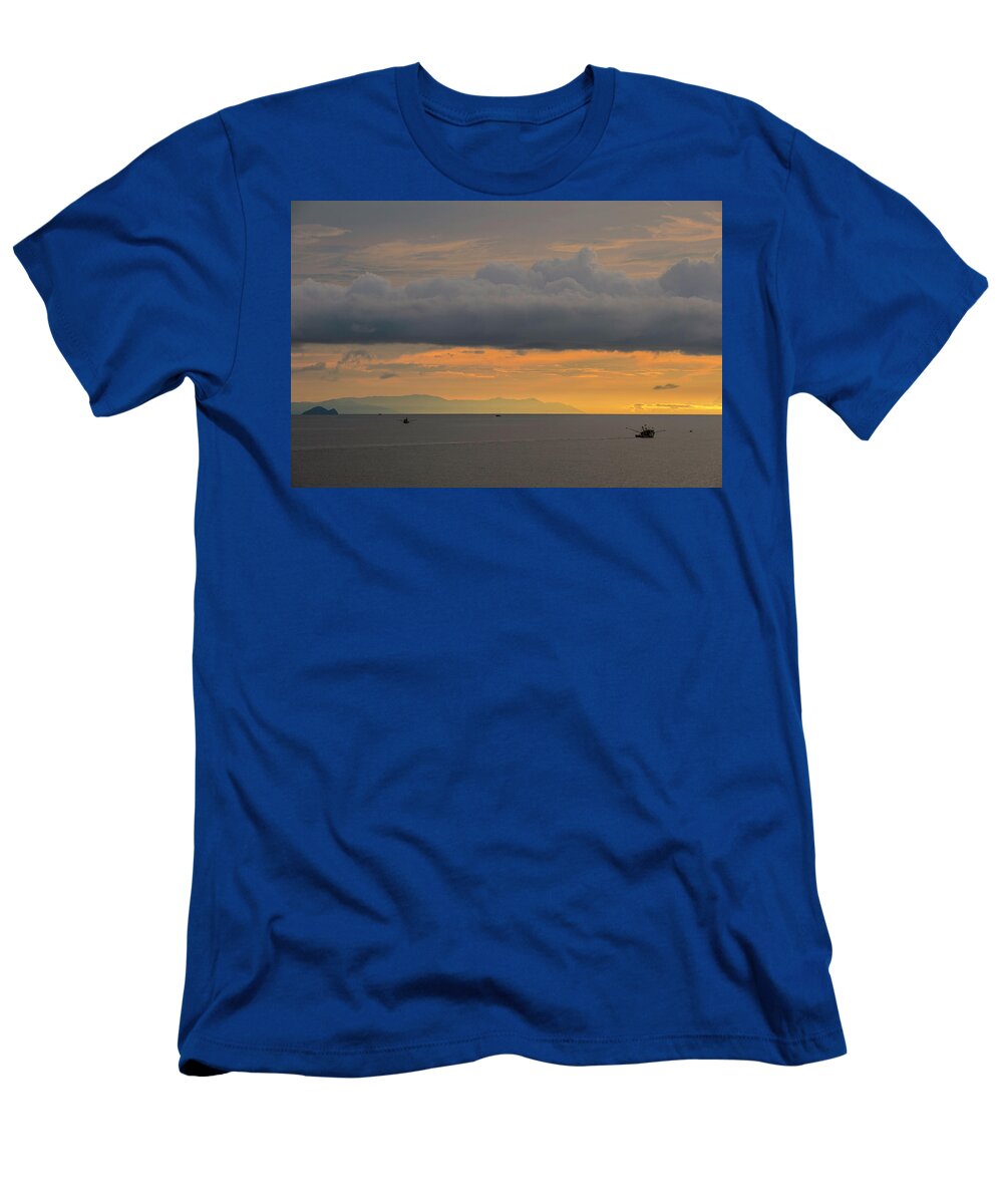 Sunset T-Shirt featuring the photograph Sunset with Fishing Boats at Sea by Judith Barath