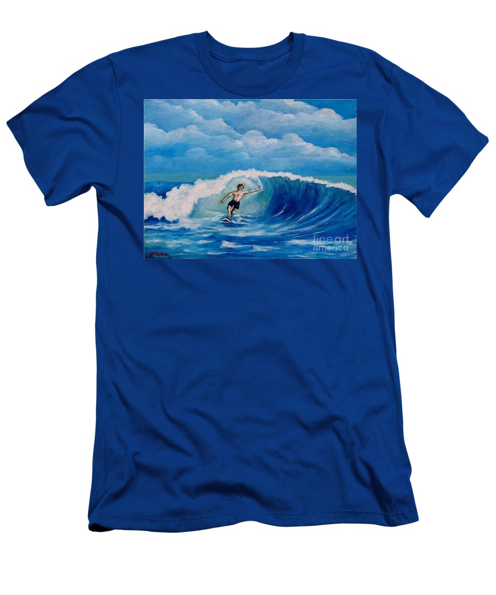 Waves T-Shirt featuring the painting Surfing on the waves by Jean Pierre Bergoeing